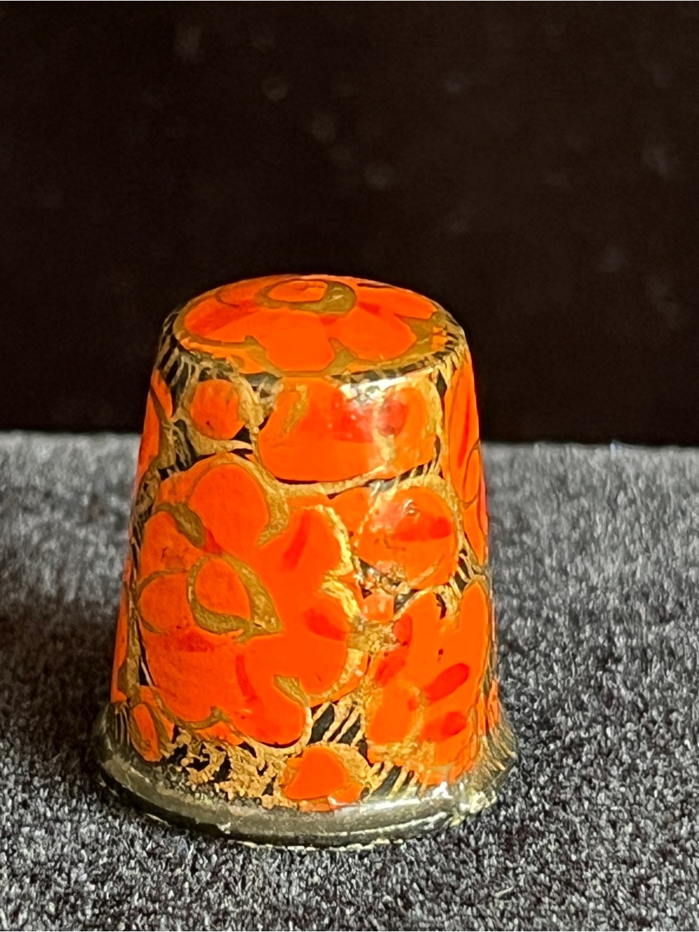 Vintage Wooden Sewing Thimble Hand Painted Floral Orange Gold Black Russian?
